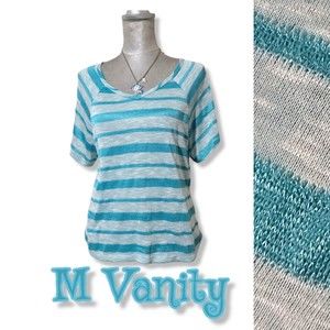 y2k Vanity striped v neck short sleeve tee shiny blue top m